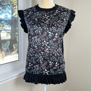 Ted Baker London Knit Top Womens 2 Floral Print Ruffle Trim Black Elegant Luxury